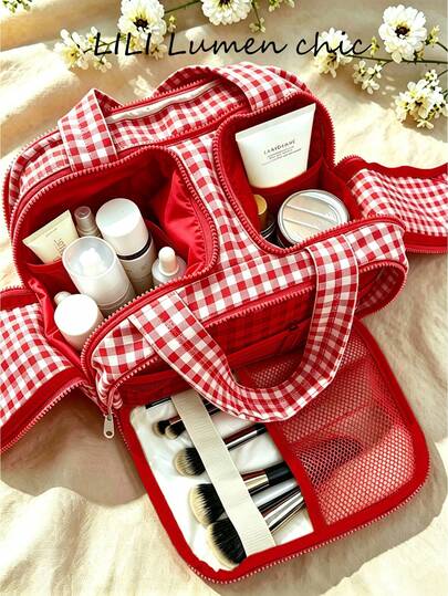 Red Plaid Travel Makeup Bag, Waterproof Lining, Multi-Pocket Design, With Brush Storage Compartment, Suitable For Daily Use, Travel And Makeup Storage