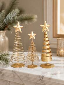 3pcs/Set 20cm Shiny Gold Christmas Tree Desktop Decor, Five-Pointed Star Christmas Tree Ornament, Suitable For Desk, Fireplace Mantel, Holiday Party, Winter New Year, Room, Living Room, Home DIY Decoration - Gold - View 8