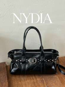 1 buah Tas Tangan Rivet Gaya Jalanan Vintage PU Hitam, Tas Selempang Bahu Dekorasi Sabuk Modis, Tali Bahu yang Dapat Dilepas, Cocok untuk Belanja dan Penggunaan Sehari-hari - Hitam - View 11