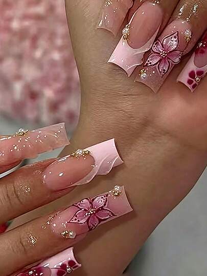 24pcs Rectangular 3D Gel Nail Art Tips, Pearl Decorated Floral Nail Design, White French Acrylic Press-On Nails, Includes: 1pc Jelly Glue And 1pc Nail File
