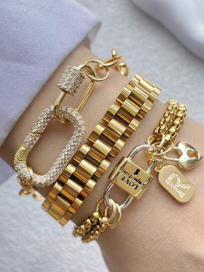 1 pièce Bracelet de luxe doré avec cadenas double tête A-Z, pendentif lettre cadenas en forme de cœur unique, chaîne en acier inoxydable, décoration pour le trajet quotidien des femmes