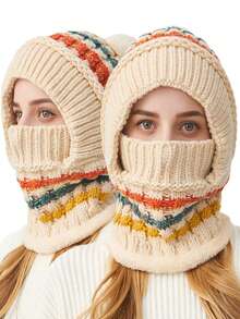 1 pieza Gorro de invierno para mujer con bufanda y mascarilla facial todo en uno, forro térmico, protección para orejas, para montar, a prueba de viento - Multicolor - Ver 2