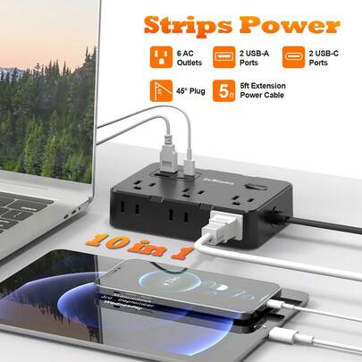 Stopkontak Pelindung Lonjakan Arus 5 kaki, 6 Stopkontak Berjarak Lebar + 4 Port USB, Perluasan Stopkontak Dinding dengan Colokan Pipih, Perlengkapan Penting untuk Rumah, Kantor, dan Asrama