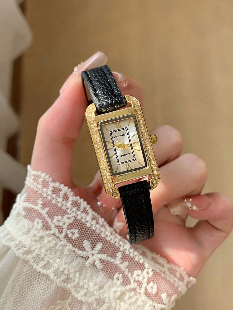 1pc Women's Square Black PU Strap Quartz Watch, White Dial, Minimalist Markings, Classic Elegant, Suitable For Daily Wear - Black - View 3