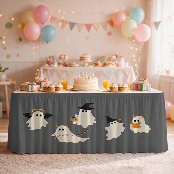 1pc Halloween Theme Cute Ghost Print Tablecloth & Table Skirt, Suitable For Party Events, Kitchen And Dining Room Decoration