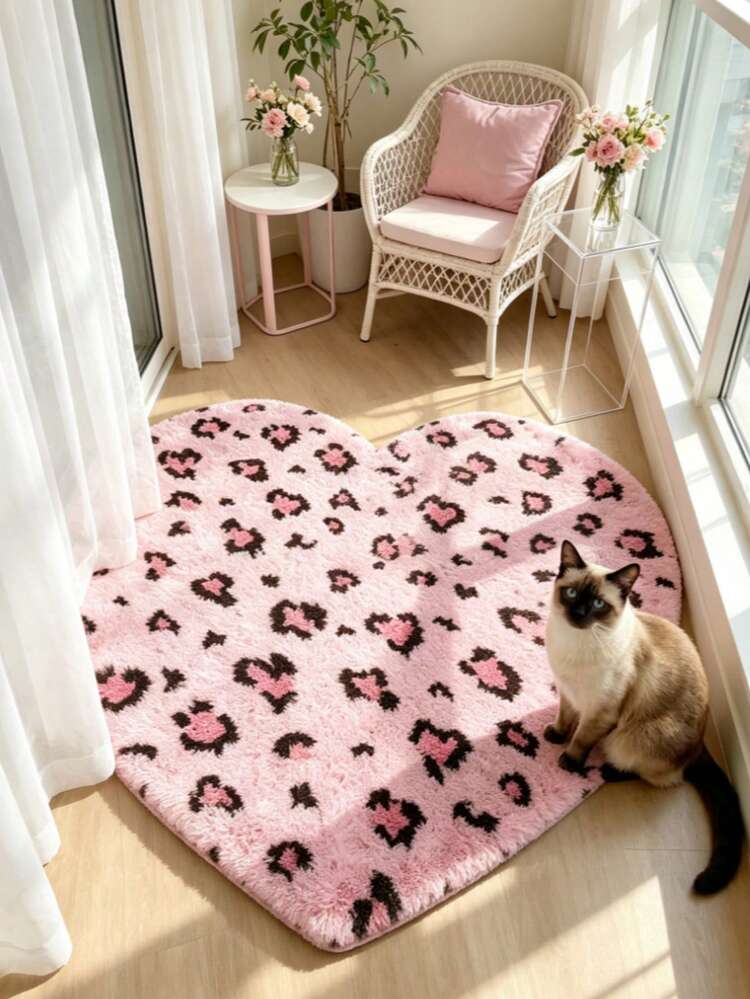 1pc Heart-Shaped Pink Leopard Print Faux Fur Rug, Love & Healing Bedroom Decor, Small Rug, Carpet, Home Decor, Living Room Rug, Living Room Small Rug, Bedroom Rug, Living Room Home Decor, Outdoor Rug, Washable Rug - Multicolor 5 - View 5