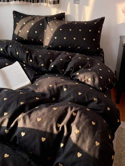 2/3Pcs/Set Black Gold Heart Shaped Love Pattern Print Duvet Cover Set Without Filler Breathable Supersoft All-Season (1pc*Duvet Cover + 1/2pcs*Pillowcase, No Pillow Core), Soft Two Tone Design Bedding Set For Ideal For Bedroom, Guest Room, Dormitory