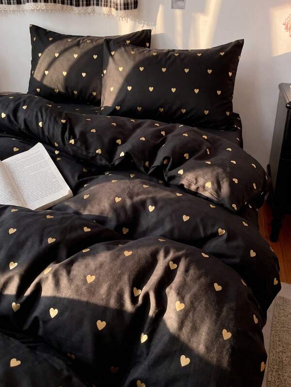2/3Pcs/Set Black Gold Heart Shaped Love Pattern Print Duvet Cover Set Without Filler Breathable Supersoft All-Season (1pc*Duvet Cover + 1/2pcs*Pillowcase, No Pillow Core), Soft Two Tone Design Bedding Set For Ideal For Bedroom, Guest Room, Dormitory