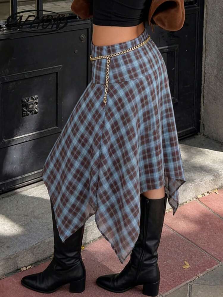 Aflion Women's Autumn Brown Plaid Asymmetric Mid-Length Skirt, High Waist Chiffon Flowy A-Line Skirt, Suitable For Street And Campus Wear - Blue - View 2
