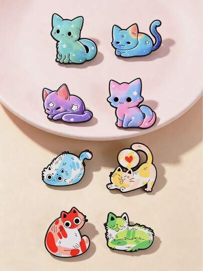 8pcs Cute Galaxy Gradient Cat Enamel Pin,Cartoon Colorful Graffiti Starry Cat Badge,Fashion Accessory For Clothes And Bags,Lovely Gift For Cat Lovers