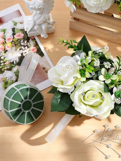 1 Set de 4 Piezas Soporte para Ramo de Novia con 50 Alfileres, Mango de Espuma de Flor de Plástico, Soporte para Ramo de Boda, Mango para Arreglo Floral, Accesorios para Fotos de Novia de Boda