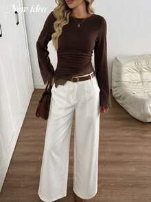 NEW IDEA Women's Casual White Fall Winter High Waist Wide Leg Pants, Pocketed Dress Trousers For Daily, Commute, Going Out & Dating Wear - White - View 5