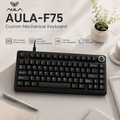 AULA F75 Custom Mechanical Keyboard, 75% Layout, Gasket Mount, Knob ...