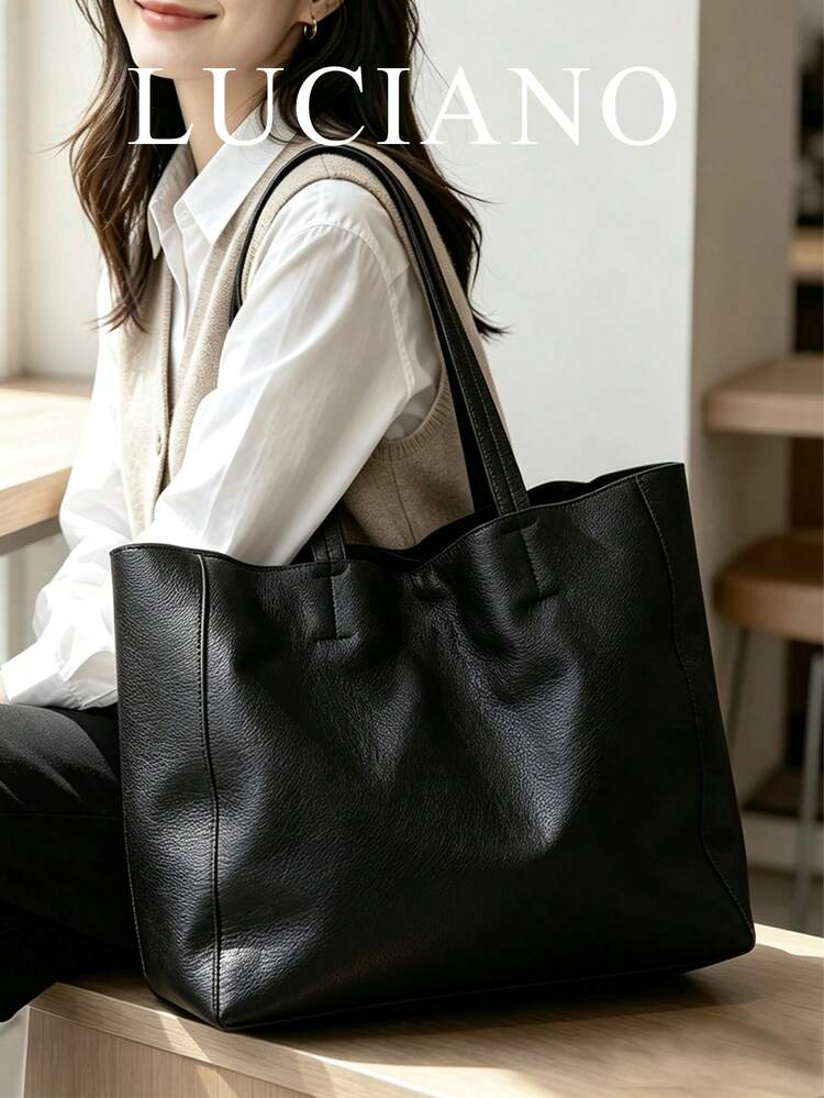 Autumn/Winter Fashion Large Tote Bag, Minimalist Casual Commuter Unisex Shoulder Bag, Vintage Design, 1pc Black PU Women's Bag - Black - View 1