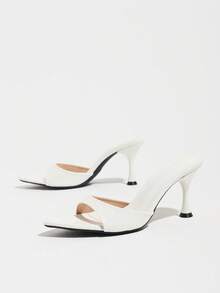 Women's Plaid Textured Pointed Toe Mule Shoes, Spring/Summer Night Club Party Evening Dinner Shopping Commute Sexy Thin High Heel Open Toe Sandals, Slip-On Easy Wear Versatile White Elegant Fashion High Heel Sandals - White - View 5