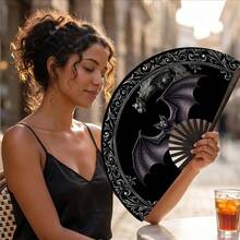 Halloween Gothic Bat Gargoyle Print Folding Hand Fan, Plastic Black Ribs Style 1pc, Dark Mysterious Style Decorative Cooling Fan, Suitable For Theme Parties, Daily Outings And Gothic Style Events - A - View 6