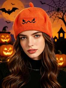 1 Peça Boina Tricotada de Abóbora de Halloween, Chapéu Tricotado Fofo com Rosto de Fantasma de Abóbora Laranja Bordado, Boina Macia e Quente para Outono/Inverno, Acessório de Cabeça para Cosplay, Decoração de Fantasia de Festa de Halloween, Acessório para Fotos - A - Visão 2