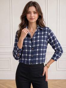 SwallowLucky Plus Size Plaid Shirt With Houndstooth Pattern, Front Button-Down, Pocket, Button-Up, Plaid Buttons, College Style, Casual Wear - Blue - View 2