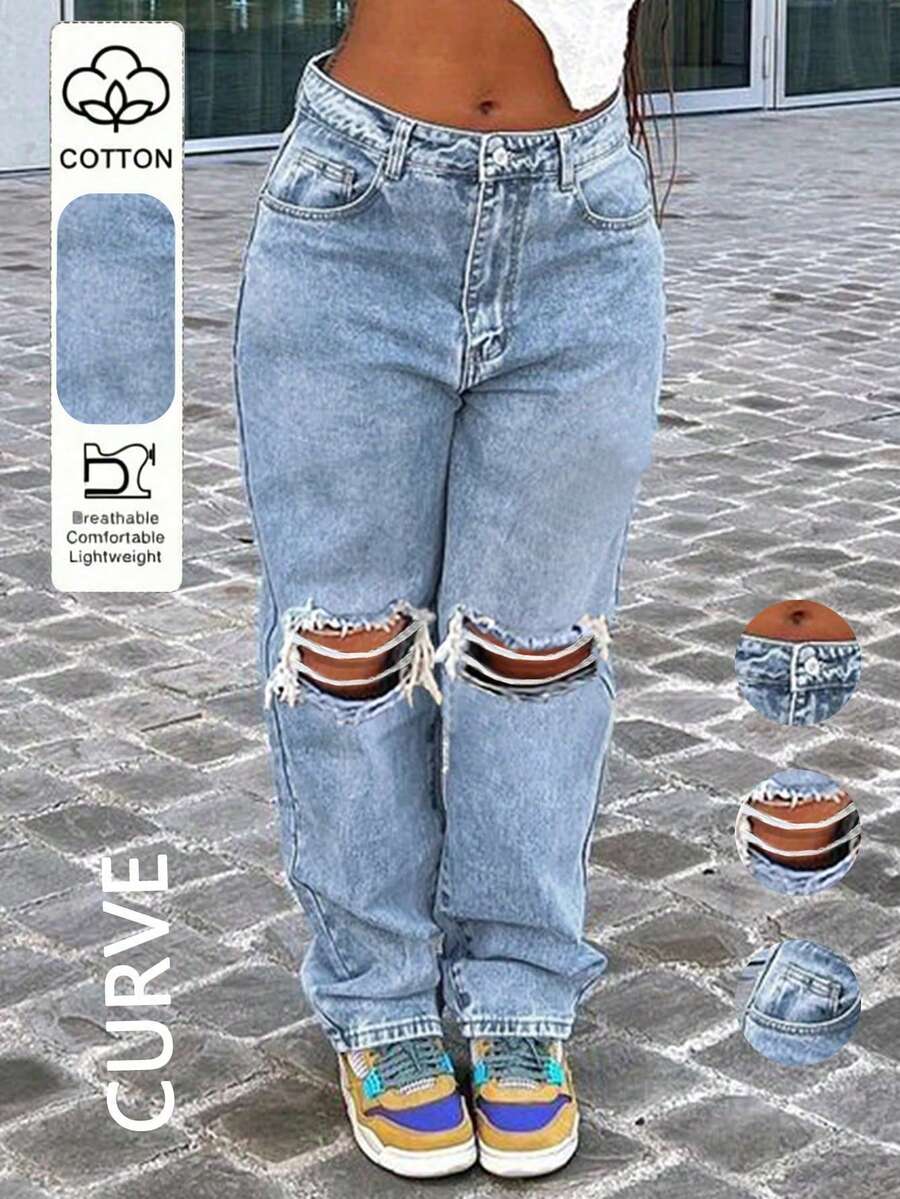大尺碼女款 Y2K 膝蓋破洞修身直筒錐腳牛仔褲,休閒 Mom Jeans 春秋款 - 淺色水洗藍 - 查看 1