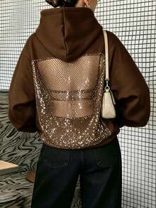 Sweatshirt Berkerudung Wanita, Sweatshirt Berkerudung Kasual Lengan Panjang Warna Cokelat Polos, Desain Belakang Berongga, Bagian Belakang Jala Mengkilap Gaya Musim Gugur - Coffee Brown - View 4
