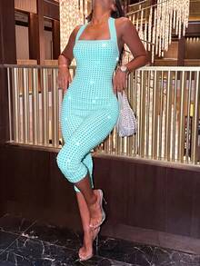 Spring Summer Autumn Sexy Halter Neck Rhinestone Backless Sleeveless Music Festival Party Vacation Date Daily Commute Women's Jumpsuit - Mint Blue - View 7