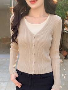 女款優雅杏色 2 合 1 圓領套頭毛衣，適合通勤、約會、度假、日常穿著及街頭購物，秋冬穿搭 - 杏色 - 查看 6