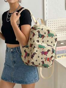 1 Piece Backpack, Women's Mini Backpack, Corduroy Girl School Bag, Travel Storage Bag, Puppy Printed Design, Large‑Capacity Foldable Easy‑To‑Store Bag, Lightweight & Pressure‑Relieving, Multi‑Pocket Layered Design With Zipper Closure - Paw Print Puppy 20899 - View 3