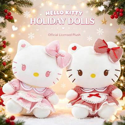 Sanrio 授權 Hello Kitty 絨毛娃娃 20cm 可愛格紋蕾絲洋裝填充玩偶 卡哇伊卡通絨毛公仔 女孩生日節日禮物
