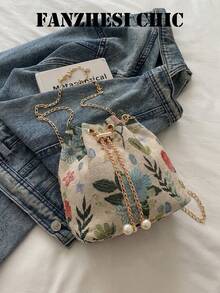 Shoulder Bag With Colorful Floral Pattern, Bucket Bag With Adjustable Metal Chain For Shoulder And Crossbody Use, Drawstring Closure, Interior Space For Makeup And Small Items, Suitable For Daily Outings, Shopping, Commuting And Travel - Green - View 8
