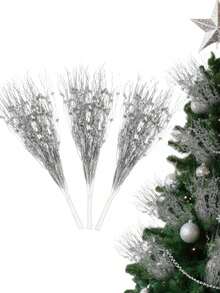 6pcs Silver Glitter Christmas Tree Decorative Branches With Berries And Artificial Flowers, Suitable For Holiday, Wedding, Party, Tabletop Decor, DIY Decoration Accessories, Christmas Tree And Christmas Plant Decoration - Silver - View 2