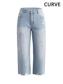 Jeans Wanita Ukuran Besar dengan Potongan Longgar, Tidak Melar, Pinggang Sedang, Gaya Eropa dan Amerika yang Populer, Modis di Jalanan, Gaya Kasual Musim Gugur. - Light Wash - View 4