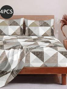 4-Piece Camel Geometric Triangle Pattern Bedding Set, Easy Care Soft Bedding, Floral Fitted Sheet Set (1 Flat Sheet + 1 Fitted Sheet + 2 Pillowcases), Deep Pocket Fits Up To 11.8 Inches, Soft And Breathable, Back To School Dorm Bedding Set - Multicolor - View 2