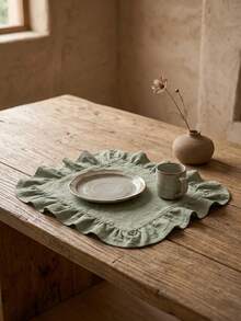 1/2/4/6pcs Solid Color Ruffled Edge Rectangular Placemats, Nordic Minimalist Style Kitchen Decor Table Mats, Suitable For Holiday Gatherings, Birthday Parties, Weddings, Dinner Parties, Table Decoration, Office Desk, Coffee Table Mat, Home Decor, Room Decor, Dorm Decor, All Season Use, Photography Background - Olive Green - View 6