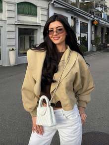 Women's Casual Solid Color Short Jacket, Fashionable Everyday Wear Short Coat - Khaki - View 8