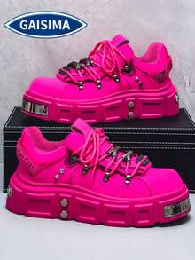 GAISIMA Premium New Dad Style Metallic Punk Men's Height-Increasing Thick Sole Design Fashion Chunky Derby Casual Shoes Colorblock - Pink - View 2