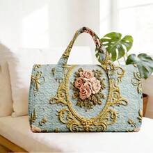 1pc Light Gray-Blue Quilted Cylinder Handbag With Baroque Rose Gold Pattern, Women's Halloween Thanksgiving Christmas Gift - Multicolor - View 6