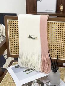 Women's Contrast Color Vertical Striped Tassel Scarf, Soft Pink And White Color Block Knitted Oversized Scarf, Versatile Warm Shawl For Autumn/Winter - Two-color Label Pink/White - View 3