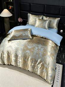 Jacquard Hautfreundliches gebürstetes weiches bequemes Bettbezug Set 3 Stücke (1*Bettbezug+2*Kopfkissenbezüge), geeignet für Schlafzimmer, Gästezimmer - Gold - Übersicht 4