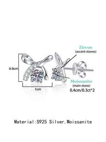 2pcs Minimalist Fashion 925 Silver 0.3Carat X 2 Moissanite Bow Stud Earrings, Suitable For Women's Daily Wear, Party, Vacation, Valentine's Day, Mother's Day, Birthday Jewelry Gift - Silver - View 3