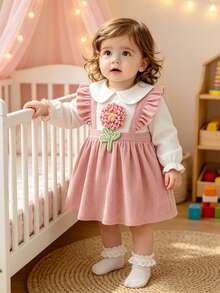 Autumn Baby Girl 2 Pieces Style Pinafore Dress With Plush 3D Floral Decor, Sweet And Cute, Suitable For Daily Wear, Gatherings And Photoshoots - Pink - View 2