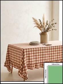1pc Brown And White Large Plaid Ruffle Edge Tablecloth, Rustic Country Style Rectangular Same-Color Ruffle Edge Pleated Detail Decorative Functional Dining Tablecloth Suitable For Family Gatherings And Rustic Home Decor Scenes - Khaki - View 14