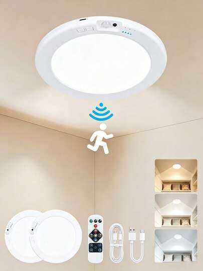 Rechargeable Induction Magnetic Ceiling Light With Remote | Wireless, Battery-Powered, LED, Three-Color Adjustable, Suitable For Bathroom, Closet, Storage Room, Living Room, Workshop, Hallway, Porch