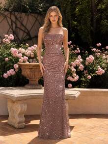 Gaun Malam Formal Wanita UNITHORSE Tanpa Tali Bahu dan Tanpa Punggung dengan Hiasan Payet - Dusty Pink - View 4