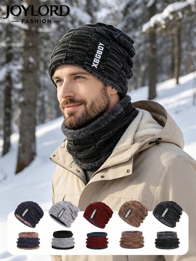 JOYLORD 1pc/2pcs Winter Men's Beanie Hat & Scarf Set, Thermal Lined Thickened Knitted Hat, Autumn/Winter Men's Knit Cap