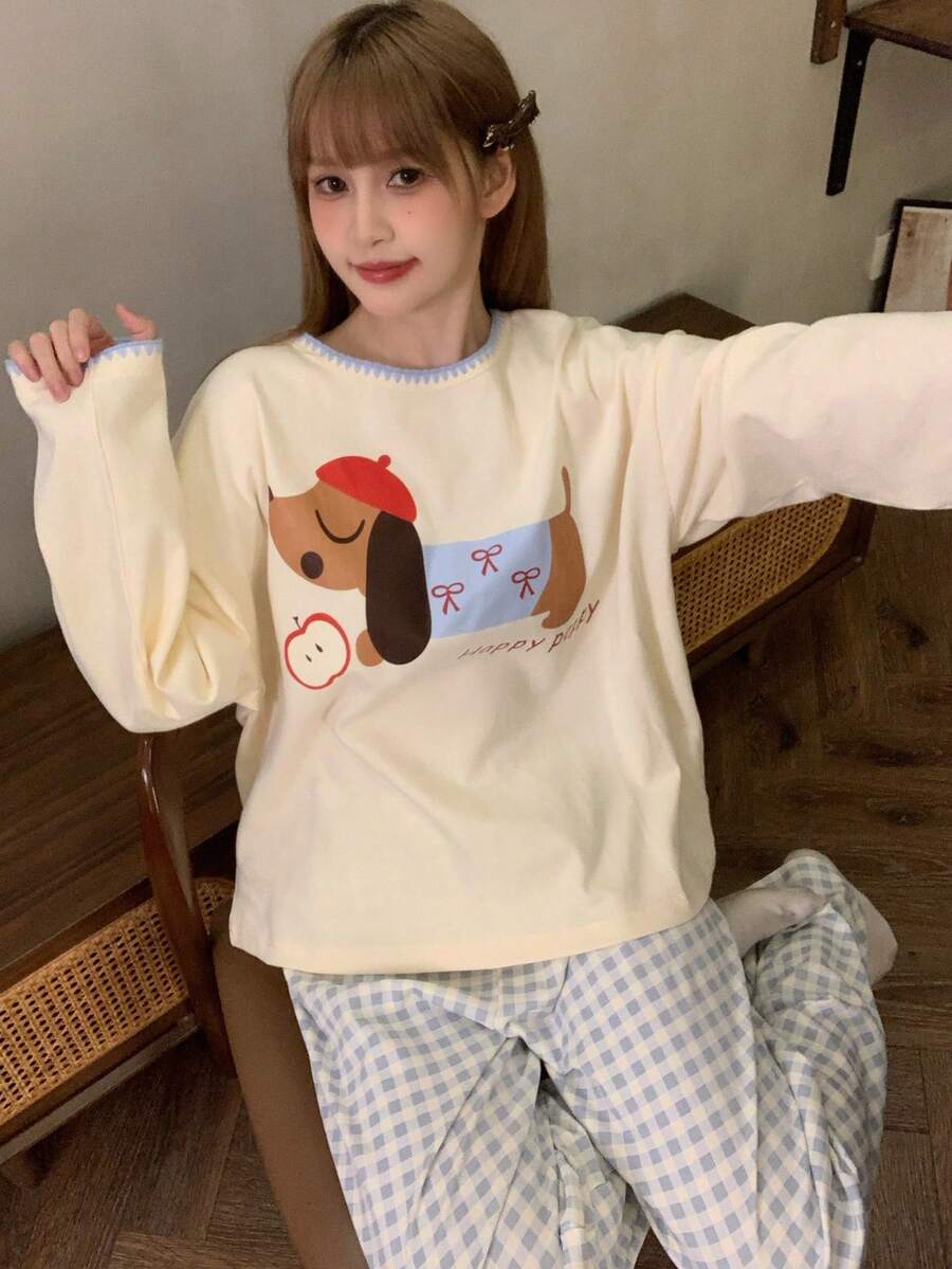 2pcs/Set Women's Pajamas Loungewear Set, Pullover Round Neck Cute Animal Print Minimalist Long Sleeve Cropped Pants, Comfortable For Home Wear - Yellow - View 1