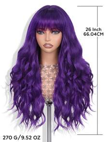 26 Inch Dark Purple Long Wavy Wig With Bangs For Women Heat Resistant Synthetic Fiber, Trimmable Bangs, Natural Wavy Wig Lightweight For Daily Wear, Cosplay, Parties, Festivals, And Halloween - Multicolor - View 4