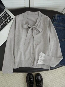 Autumn/Winter New Long Sleeve V-Neck Niche Design Vintage Unique Bow Tie Lace 2 In 1 Knit Sweater Top - Grey - View 7