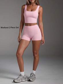 Women's Casual Backless Removable Padding Sport 2-Piece Set,U-Shaped Neck Solid Color Tank Tops,Skinny Basic High Waist Legging Shorts,For Yoga,Daily - Pink - View 8