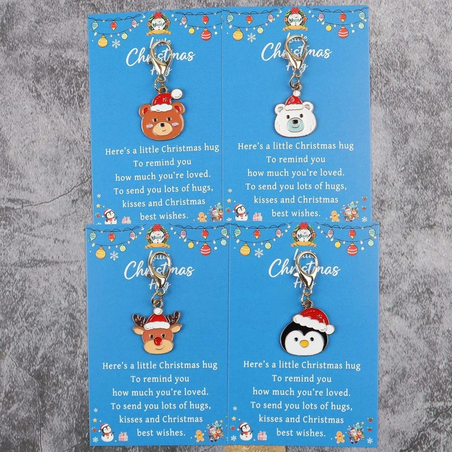 4pcs/8pcs Christmas Enamel Keychain Charms, Bear Reindeer Penguin Pendants, Lobster Clasp, Small Holiday Gift With Greeting Card - Multicolor - View 1