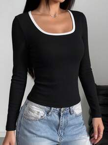 2pcs Contrast Trim U-Neck Ribbed Knit Slim Fit Long Sleeve T-Shirt, Women's Basic Casual Everyday Top - Multicolor - View 3